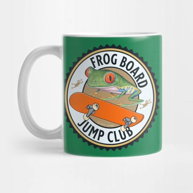 Cute and funny frog riding a skateboard for this red eyed tree frog is in the jump club tee by Danny Gordon Art